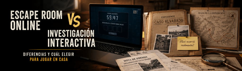 Experiencia híbrida online e imprimible con documentos, portátil y pistas para jugar desde casa