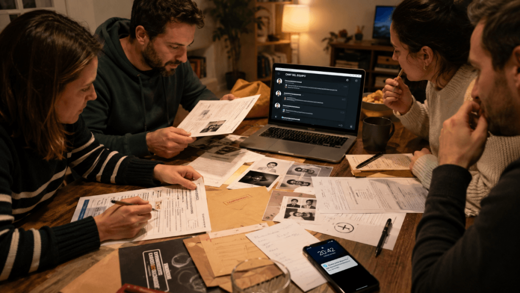 Experiencia híbrida online e imprimible con documentos, portátil y pistas para jugar desde casa